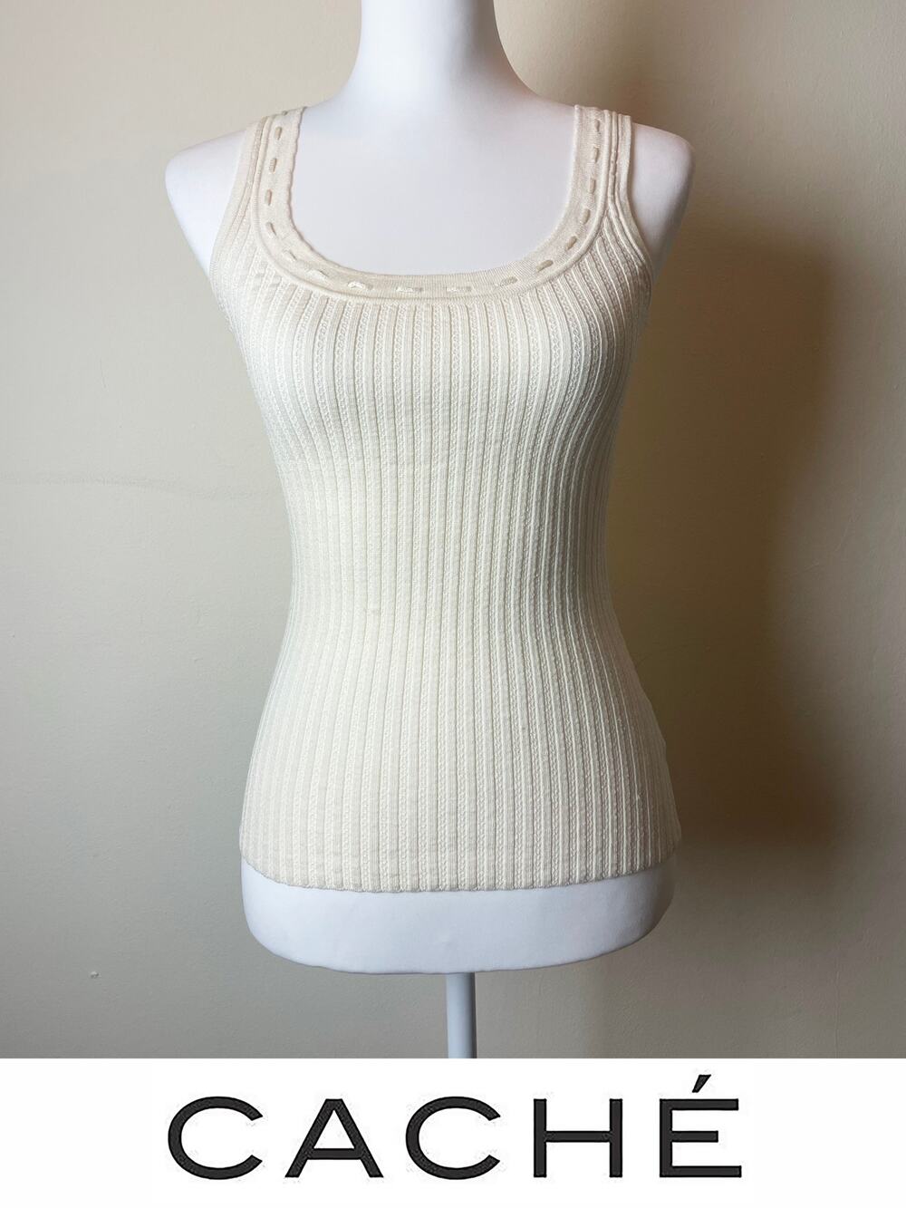 Vintage Caché Y2K Cream Ribbed Knit Beaded Trim Scoop Neck Tank Top
